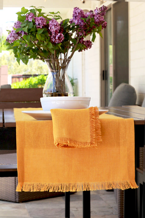 Fringed Edge Linen Table Runner Mustard Yellow