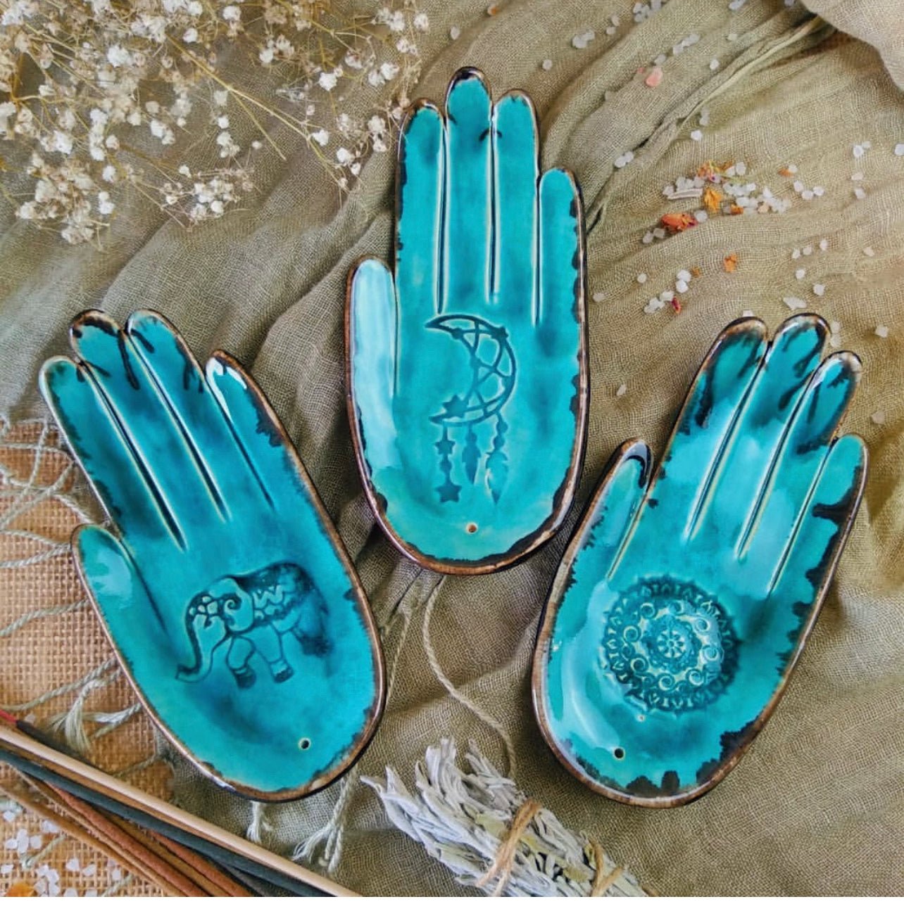 Hand-Crafted Ceramic Incense Burner Palm Turquoise - The Modern Heritage