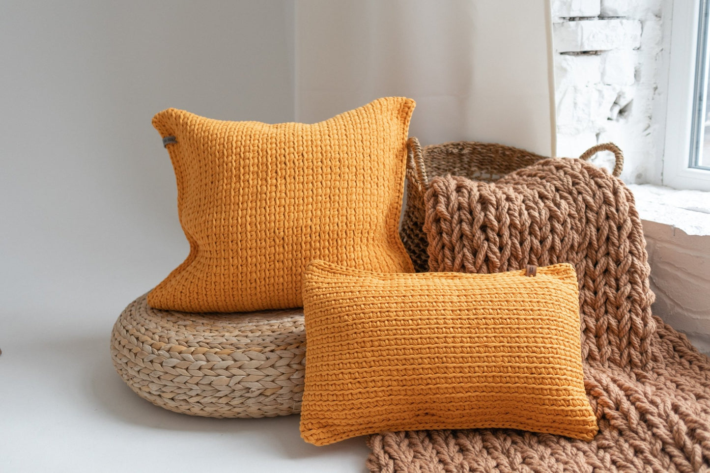 TEXTURED HANDKNIT LUMBAR PILLOW MUSTARD 12"x20" - The Modern Heritage