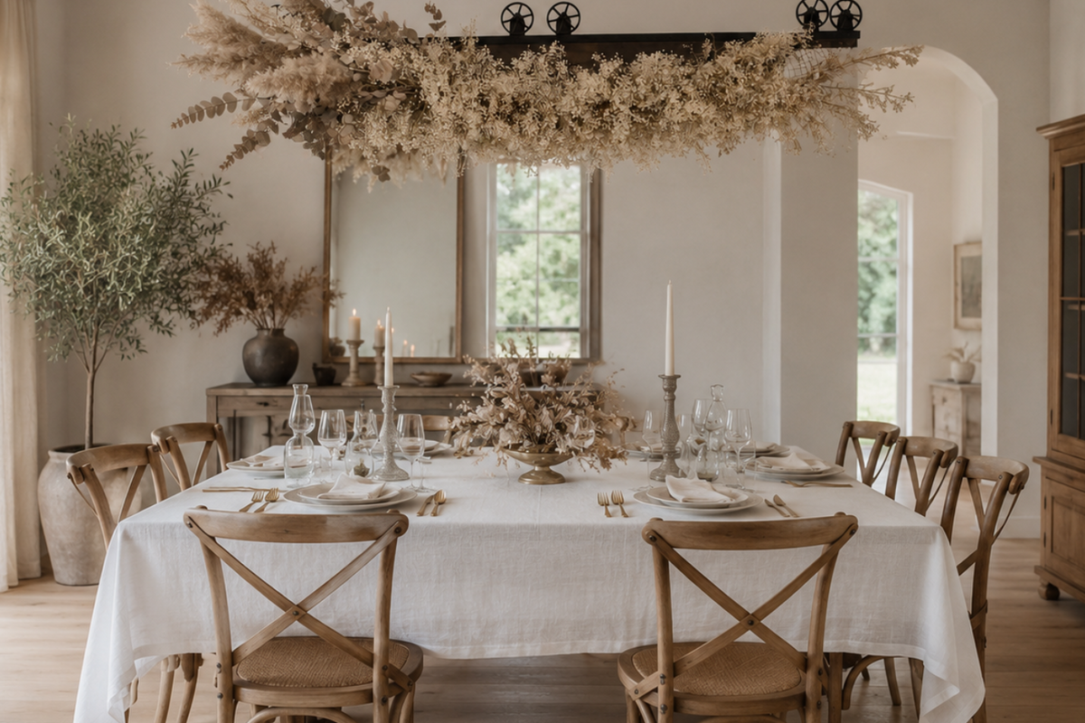 A beautifully styled dining room featuring a dining table set with white rectangular tablecloth, matching wooden chairs, glassware. Organic modern sustainable 