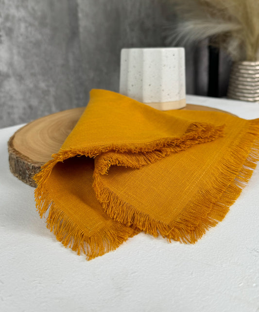 Fringed Linen Napkins Mustard Yellow Set of 2 - The Modern Heritage